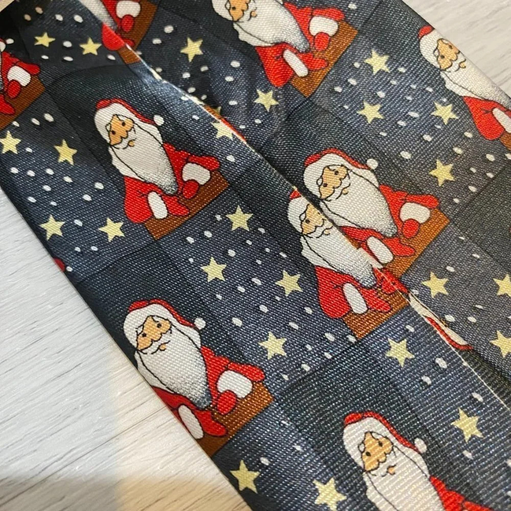 Christmas Holiday Santa Neck Tie 56" Navy Red Gold - Picture 6 of 8